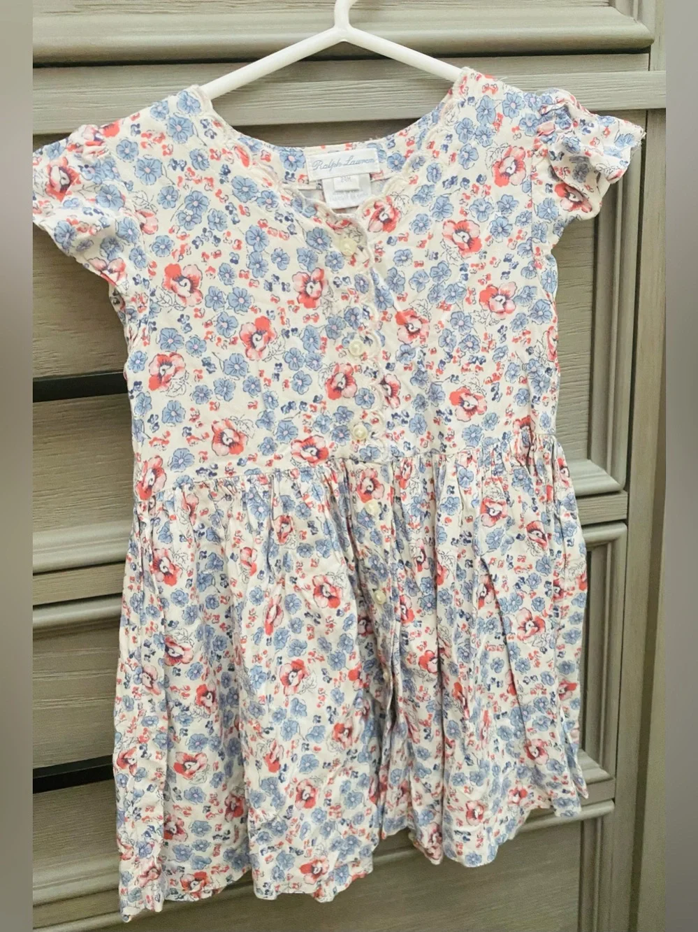 Ralph Lauren Cream Floral Button-Front Girls Dress with Blue & Red Flowers